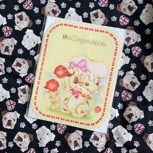 RARO grande biglietto d'auguri vintage/retrò circa anni '70 "18th Congratulations" - simpatico gatto con cappello e topo - Pevril Card Retro Lover Card