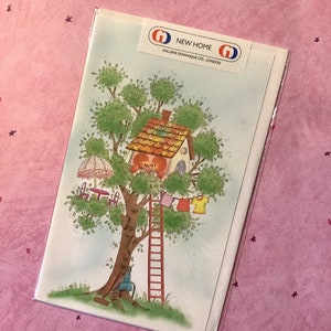 Fabuleuse carte « New Home » vintage/rétro des années 1980 avec un design d’oiseaux mignons et scintillants -Une carte Gallerie Dominique - Une carte douce à chérir