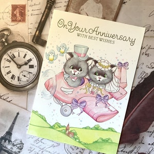 Raro biglietto vintage/retrò circa anni '80 "Per il tuo anniversario con i migliori auguri" - Cute Cat Bride & Groom in a Pink Airplane Design - Sweet Verse