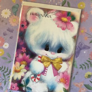 Cartão de aniversário raro, vintage/retro, por volta dos anos 1960, "Olá, vovó" - Lindo urso branco com grandes olhos azuis - Cartão nostálgico com versos doces