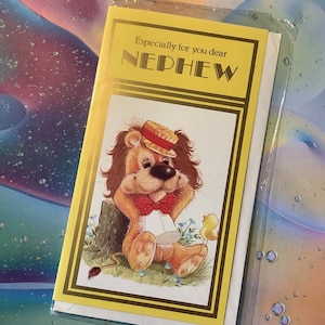 RARE Vintage Circa 1980s 'Especialmente para você, querido sobrinho' Cartão de aniversário Kitsch/Retro/Cute Lion Design - Saudação simples - Cartão de fã de nostalgia