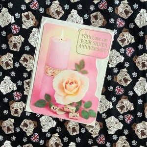 RARE Vintage Circa 1970s Unused &#39;With Love On Your Silver Anniversary&#39; Large Retro Photo Card -Lit Candle & Pink Rose -Sweet Verse Nostalgic