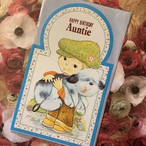Cartão EXTREMAMENTE RARO Verdadeiro Vintage/Retro 1980 'Feliz Aniversário Tia' Design adorável de menino e cachorro - Cartão Tia Nostalgia/Vintage/amante de cachorro
