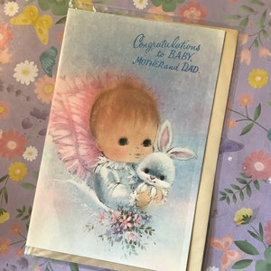 Extrêmement RARE véritable vintage vers les années 1950 « Félicitations à la mère et au papa de bébé » nouvelle carte de bébé - bébé mignon et conception de lapin - carte de vers doux