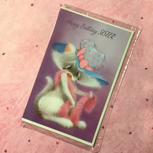 RARO biglietto d'auguri vintage degli anni '60 circa "Buon compleanno sorella" - Design di gatto kitsch super carino - Versetto dolce - Biglietto per sorella retrò e amante dei gatti