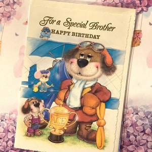 SELTENE Vintage Circa 1970er Jahre 'For A Special Brother Happy Birthday' - Super süßer Retro Hunde Pilot & sein Team Design! - Schlichter Gruß - Nostalgisch