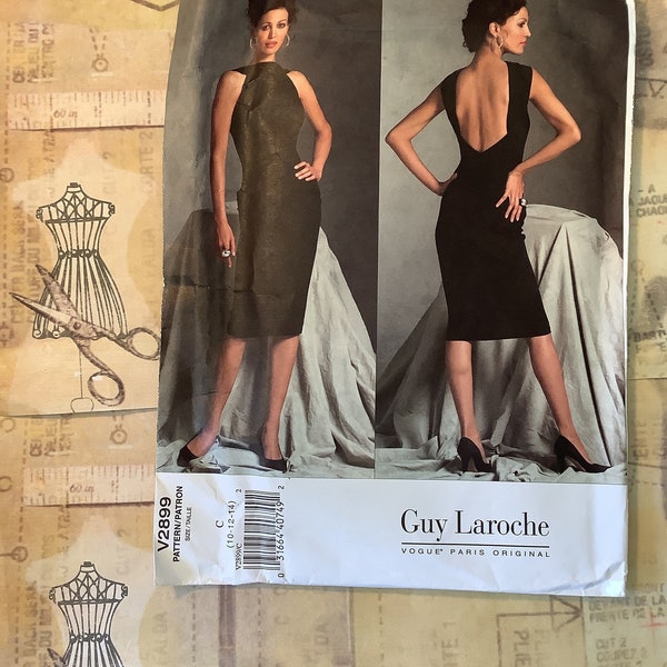 Uncut 2006 Vogue 'Guy Laroche Paris Original' Pattern V2899 Misses' Dress Sizes 10-12-14 - Close Fitting Dress with Open Back - Occasionwear