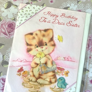 RARO circa anni '70 Vintage/Retro inutilizzato "Buon compleanno a una cara sorella" Super carino/Retro Gatto e uccellino azzurro Design - Dolce versi Retro Lover Card