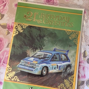 RARE Vintage/Retro Circa 1980s &#39;21st Birthday Greetings&#39; Card -Fabulous Rally Car Design - Rally Car Lover Card -Sweet Verse- Nostalgic Card