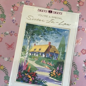 Cartão de aniversário RARO original por volta dos anos 1980 vintage 'Você é uma cunhada especial' com lindo design de casa e jardim - Verso doce - Nostalgia