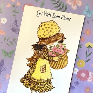 ZELDZAME vintage kaart 'Beterschap alsjeblieft' uit circa jaren 1970 - schattige kleine 'Holly Hobbie'-stijl meisje ontwerp vintage kaart liefdevol vriend - lief vers