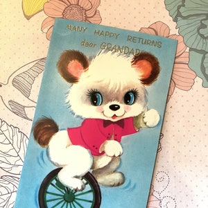 Cartão de aniversário vintage/retro muito raro, por volta de 1960, 'muitos retornos felizes, querido avô' - design de urso fofo - verso doce - avô amoroso vintage