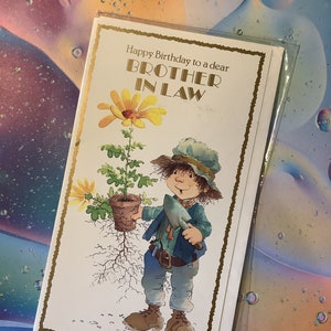 Cartão RARO vintage da década de 1980 "Feliz aniversário para um querido cunhado" - Design divertido com tema de jardinagem - Saudação simples - Amante de jardinagem