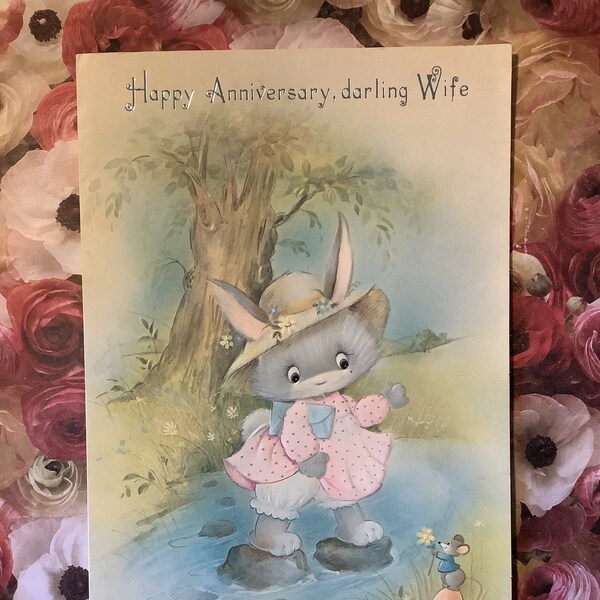 RARE Large True Vintage/Retro Circa 1970s 'Happy Anniversary, Darling Wife' Card with ADORABLE Dressed Rabbit & Mouse Design - Sweet Verse