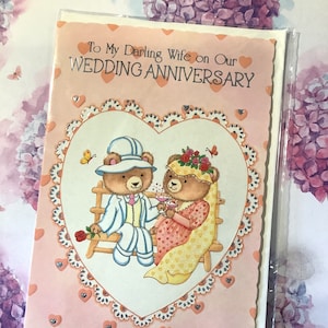 Carte vintage rare vers les années 1980 « À ma femme chérie pour notre anniversaire de mariage » - Conception de couple d'ours en peluche mignon - Nostalgie - Amant d'ours en peluche