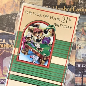 RARA cartolina d'epoca degli anni '70 circa "Per te, nel giorno del tuo ventunesimo compleanno". Divertente biglietto retrò con cani che giocano a biliardo. Versetto dolce. Divertente carta da giocatore di biliardo.
