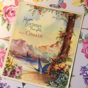 EXTREM SELTENE Circa 1940er Jahre unsignierte Vintage leere 'Happy Birthday Greetings lieber Cousin' Karte - atemberaubendes Vogel- und Blumenmuster - süße Verse