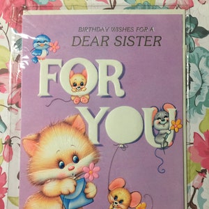 RARE Beautiful Circa 1970 Vintage/Retro Unused 'Birthday Wishes For A Dear Sister' - Super Cute Cat, Mouse & Bluebird Design - Sweet Verse