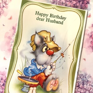 Cartão de aniversário raro vintage por volta dos anos 1970 "Feliz aniversário, querido marido" - Design fofo de cachorro pescador ou pescador - Marido fã retrô/cachorro/pescador