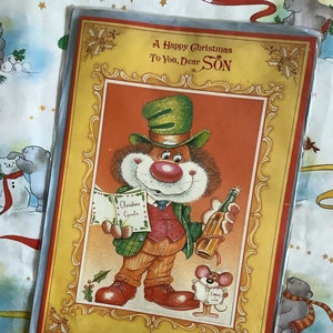 RARE Vintage 1970s 'A Happy Christmas To You, Dear Son' Large Card - Kitsch Carol Singer Bear & Mouse Design - Sweet Verse - Nostalgic Card