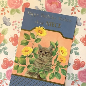 RARA & Fabulous Vintage Circa 1980 'Happy Birthday Wishes Dear Niece' Card - Cute Cat and Sunflower Design - Sweet Verse - Cat Loving Niece