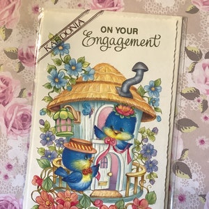 RARE vintage/rétro - carte « On Your Engagement » des années 1970 - ADORABLE oiseau bleu et joli design floral - carte kitsch - carte de voeux simple