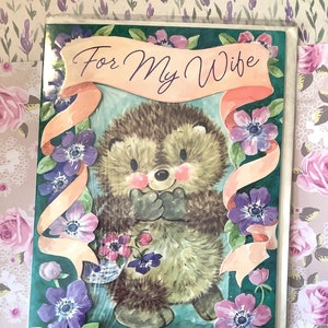 RARO grande vero vintage circa anni '90 "Per mia moglie" biglietto di compleanno ritagliato con ADORABILE disegno di riccio - Dolce verso - Moglie fan del riccio