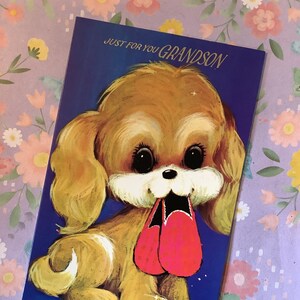 Cartão de aniversário vintage/retro muito raro, por volta de 1960, 'Just For You Grandson' - Design de cachorro fofo - Verso doce - Cartão de neto amoroso vintage