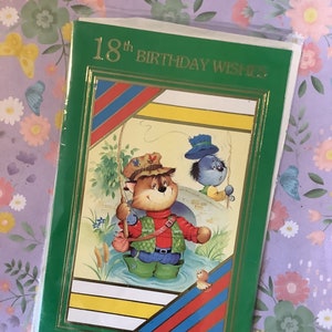 Cartão RARE Vintage/Retro Circa 1970s '18th Birthday Wishes' - Kitsch/Super Cute Fun Dog & Cat Fishing Design - Sweet Verse -Retro/Fã de Pesca