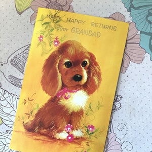 Cartão de aniversário vintage/retro muito raro, por volta de 1960, 'Muitos retornos felizes, querido vovô' - Design de cachorro fofo - Verso doce - Vovô amoroso vintage