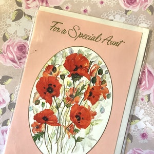 RARE Vintage/Retro Circa 1980 'Per una zia speciale' Biglietto d'auguri - Splendido disegno papavero rosso di Liz Smith -Cartolina vintage/Retrò amorevole zia