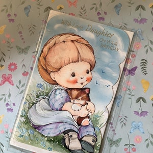 RARE vintage Circa 1970s 'With Love, Daughter On Your Birthday' Card Cute 'Holly Hobbie' Style Girl and Cat Design - Sweet Verse - Nostalgia