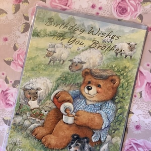vintage / rétro vers les années 1990 'Birthday Wishes For You, Brother' Card -Mignon 'Farmer' Bear, Sheep & Sheepdog Design -Farmer Brother Card -Glitter