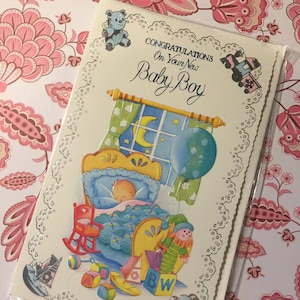 ZELDZAME vintage/retro-kaart circa jaren 1970 'Gefeliciteerd met je nieuwe babyjongen' - leuk ontwerp - mooi sentimenteel vers - retro liefhebbende ouders