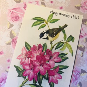 RARE & FABULOUS Vintage/Retro 1960 'Feliz Aniversário Pai' Impressionante Cartão de Aniversário com Design de Pássaro - Doce, Verso Sentimental - Pai Amoroso de Pássaro