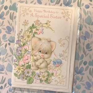 RARE vintage des années 1980/rétro inutilisé « Joyeux anniversaire à une soeur spéciale » chat super mignon design - vers doux - carte d'amant rétro - paillettes