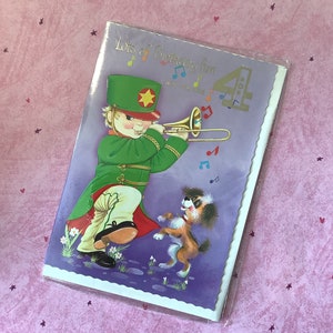 Carte d'anniversaire extrêmement rare vintage des années 1980 - ADORABLE trompettiste dans une fanfare et design chien - vers doux - carte nostalgique - accessoire