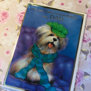 Cartão de aniversário FABULOSO Vintage/Retro Circa 1980s 'Com os melhores votos de seu aniversário, querido pai' - Design de cachorro fofo com chapéu e cachecol - Kitsch
