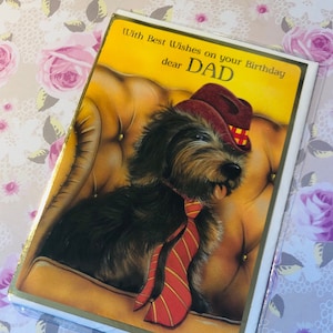 FABULOSO Cartão de aniversário Vintage/Retro Circa 1980s 'Com os melhores votos de seu aniversário, querido pai' - Design fofo de cachorro com chapéu e gravata - Kitsch