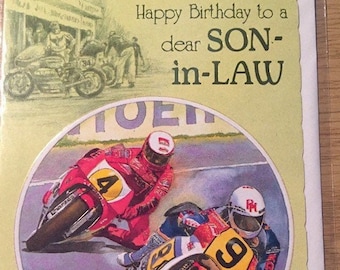 Vintage/Retro 1980s Motorcycle /Motorbike/MotoGP Themed 'Happy Birthday To A Dear Son-In-Law' Card In Original Cellophane - Motorbike Lover