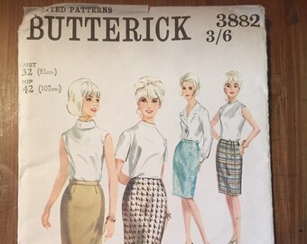 RARE Vintage Uncut 1960s Butterick Pattern No 3882 For Misses' & Women's Extra Quick 'N Easy Skirt In 2 Variations Size 32" Waist - 42" Hip