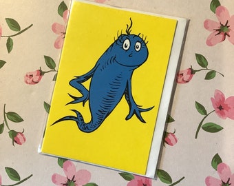 Retro Dr. Seuss 'Blue Fish' Cute Tiny Blank Card In Original Cellophane with Envelope - Dr Seuss Fan Card - Miniature Card - Retro