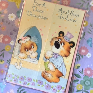 RARO biglietto d'auguri vintage/retrò degli anni '70 circa "Per una cara figlia e un caro genero" - Grazioso disegno di tigre - Biglietto d'auguri vintage/retrò con coppia di innamorati