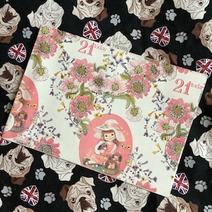 UITERST zeldzame vintage 1980 21e verjaardag cadeaupapier inpakpapier AANBIDDELIJKE kitsch, retro Southern Belle-stijl meisje, ontwerp met bloemen en puppy's