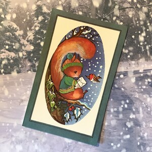 EXTREM SELTENE Retro/Vintage circa 1970s Weihnachtskarte skurriles Eichhörnchen und Rotkehlchen Design von Heather S Buchanan - Nostalgia
