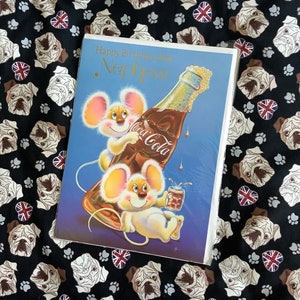 RARE Large A4 Size Vintage/Retro Circa 1970s &#39;Happy Birthday dear Nephew&#39; Card - Mice Drinking Coca-Cola Design -Sweet Verse Card -Nostalgia