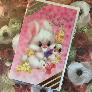 Cartão de aniversário raro, vintage, sem uso, por volta dos anos 1970, "Saudações de aniversário, querida irmã", sem uso - Design fofo de coelho - Verso doce - Irmã amorosa retrô
