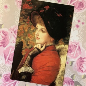 Vintage Circa 1990s STUNNING Blank Card &#39;Mrs Kathleen Newton in Red Dress and Black Bonnet&#39; Design By James Tissot (1836-1902) -Art Fan Card