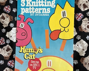 RARE Vintage 1984 'Henry's Cat' 3 Knitting Patterns By Intarsia - Fun, Children's & Adult Size Sweaters: 24" - 44" - 1980s Kids TV Nostalgia