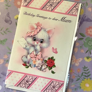 ZELDZAME vintage kaart 'Verjaardagswensen voor lieve moeder' uit circa jaren 1970 - schattig ontwerp met kat en muis - kaart kitsch/vintage/kat liefhebbende moeder - lief vers